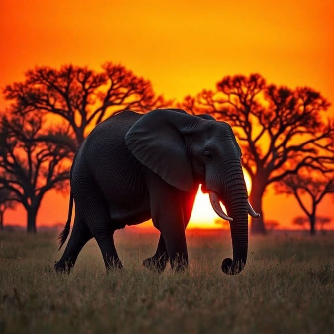 A majestic elephant ambles through the savannah at sunset, silhouetted against a vibrant sky.