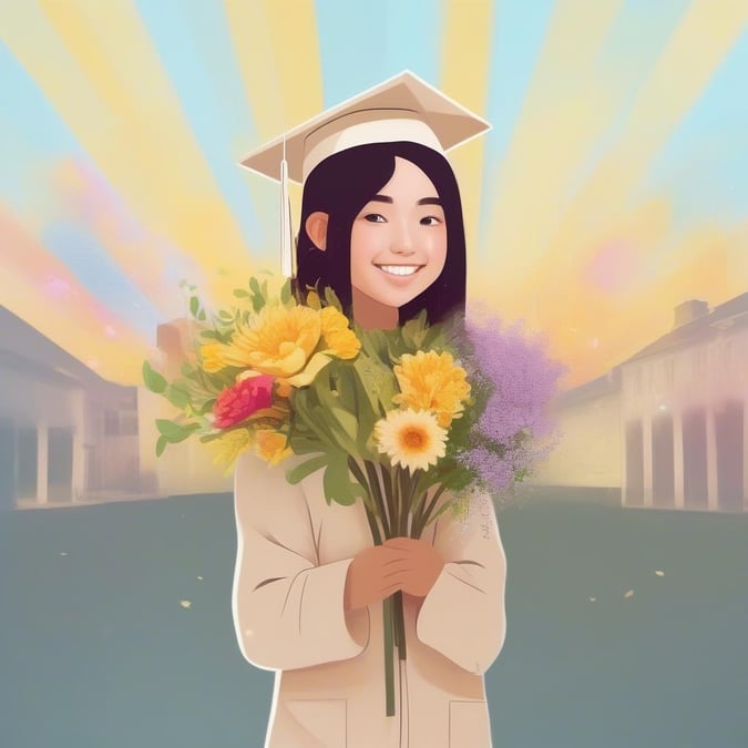 A cheerful graduate holding a bouquet, ready to embark on the next chapter of life.