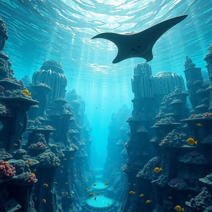 Dive into a fantastical underwater world where coral formations tower high above the surface of the ocean. A lone manta ray glides by, its body a contrast to the blue water that surrounds it.