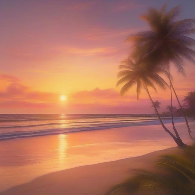 A beautiful sunset over the ocean, with the sun setting slowly into the horizon. The sky is painted with hues of orange, pink, and purple, creating a breathtaking view.