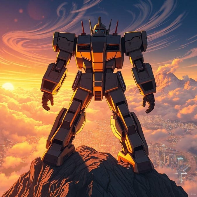 In the heart of a futuristic city, a towering robot stands guard, its metallic body gleaming against the backdrop of an urban landscape. The vibrant orange sunset paints a picturesque sky, casting long shadows and highlighting the intricate details on the robot's armor.