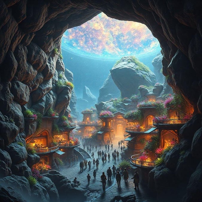 A hidden village nestled within the heart of a mountain, illuminated by the soft glow of lanterns and surrounded by otherworldly natural formations.