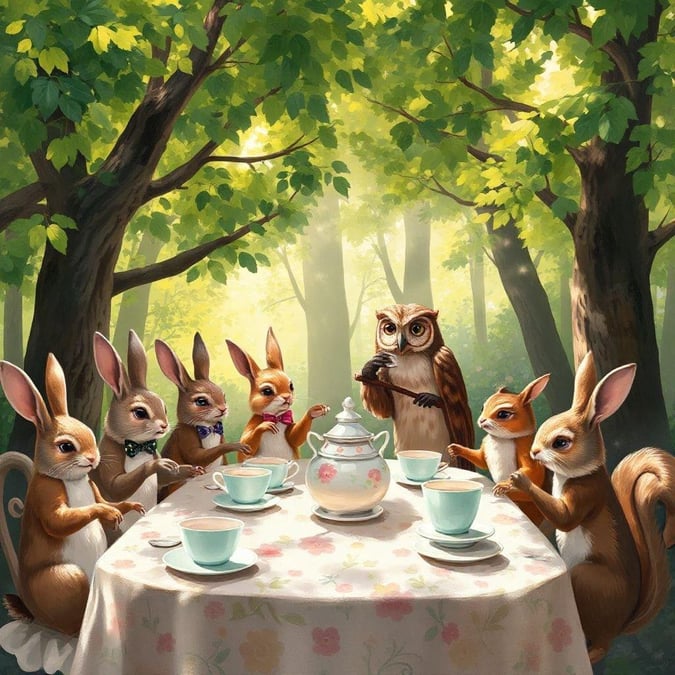 In this charming illustration, various whimsical forest creatures are gathered around a table set with tea cups and pastries. The scene is both inviting and fantastical, offering an escape from the ordinary into a world where bunnies wear bow ties and owls hold teacups in their talons.