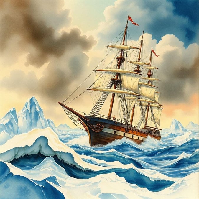 Explore the vast expanse of the ocean amidst the challenge of navigating through icy waters. This majestic ship, a symbol of human exploration and resilience, sails towards the horizon under a dramatic sky.