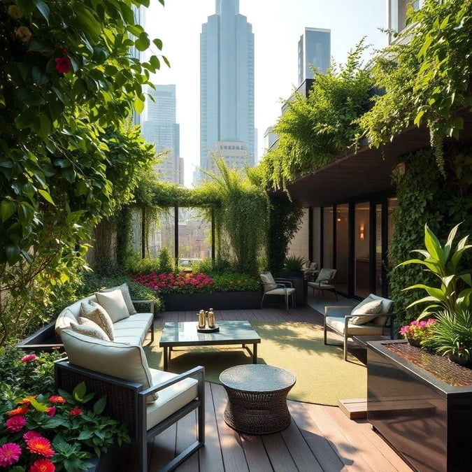 Bask in the beauty of urban nature with this cozy outdoor sanctuary. A luxurious retreat from the bustling city life, complete with stylish seating and lush greenery.