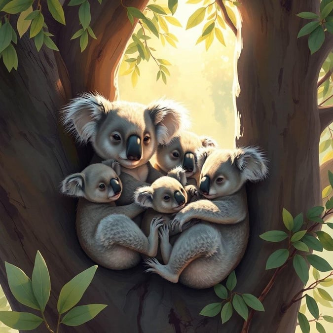 This adorable wallpaper features a koala family snuggled up in a tree, exuding warmth and coziness. The soft lighting and gentle colors create a soothing ambiance, perfect for any room.