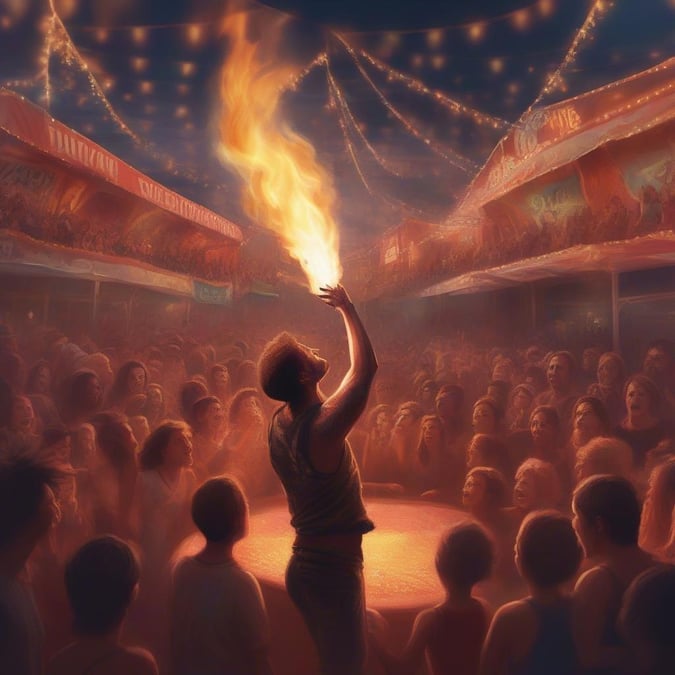 A man performs a fire-eating act at a carnival, captivating a crowd of onlookers.