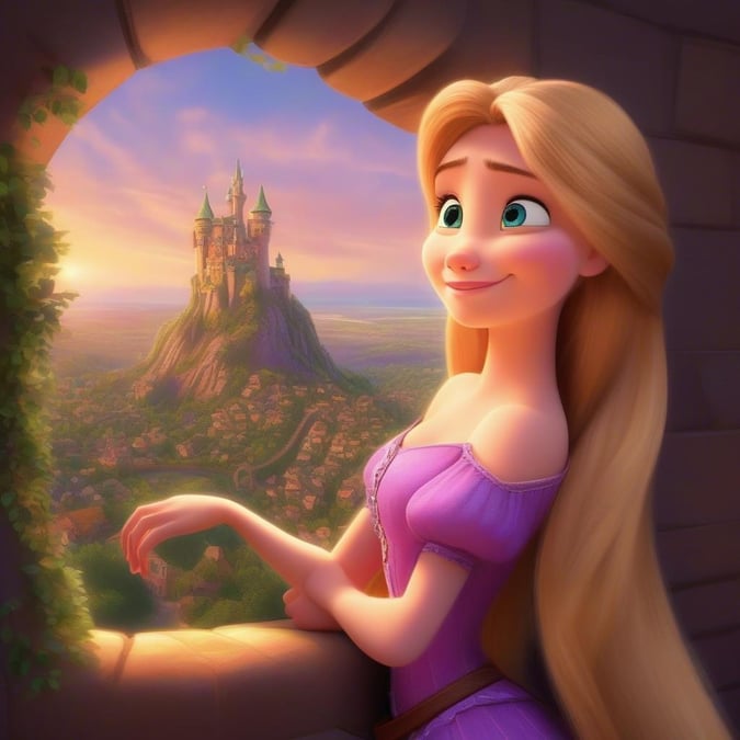 This beautiful wallpaper features Rapunzel from Disney's Tangled, gazing out of her tower window at the breathtaking view of the kingdom below. The image captures the essence of the beloved character and the enchanting world of the movie.