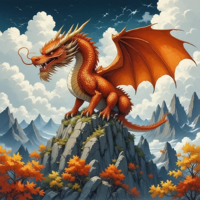 A stunning anime-style illustration of a dragon perched on a mountain peak, surrounded by autumn leaves and a serene sky.