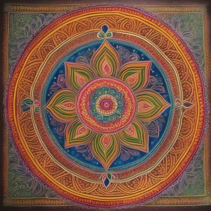 Celebrate the festive spirit of Diwali with this vibrant mandala, rich in symbolism and color. The lotus, a universal symbol of purity and enlightenment, blooms at the heart of this intricate design, surrounded by a halo of radiant light, signifying joy and hope. Adorned with delicate patterns and gold accents, it's a testament to the beauty and tradition of Diwali celebrations.