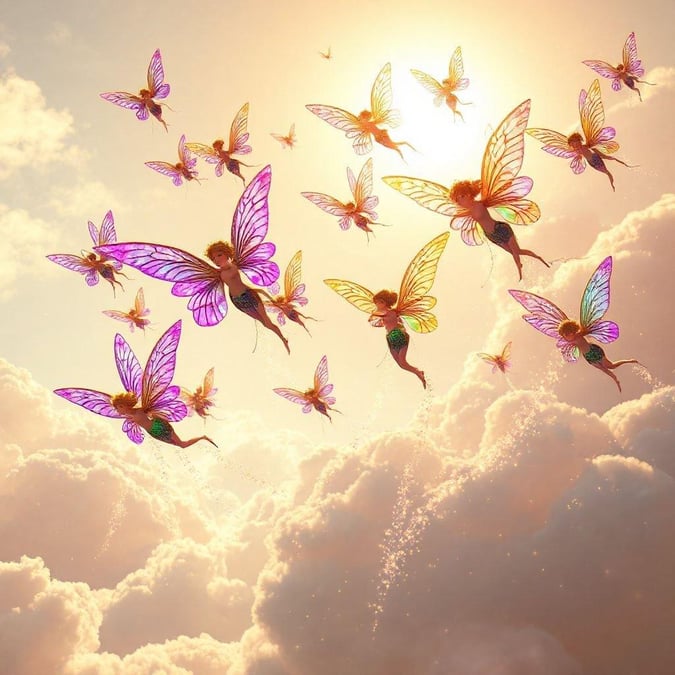 A delightful fantasy scene capturing the whimsical flight of fairies. These magical creatures are seen soaring through a sunlit sky, their wings spread wide as if caught in mid-dance. A cloudy landscape stretches out beneath them, adding depth to this enchanting scene.