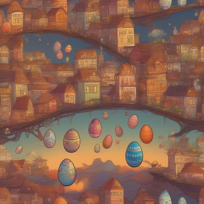 A whimsical village springs up amidst an unexpected Easter celebration, with houses adorned by vibrant eggs. Above them all, a single blue egg floats as if about to crack open the sky.