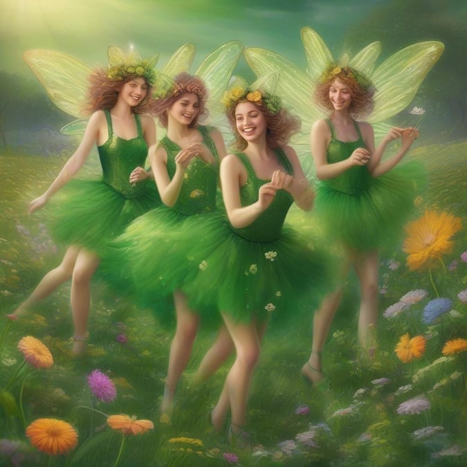 A magical dance of four fairy friends, celebrating the spirit of St. Patrick's Day with a whimsical green glow.