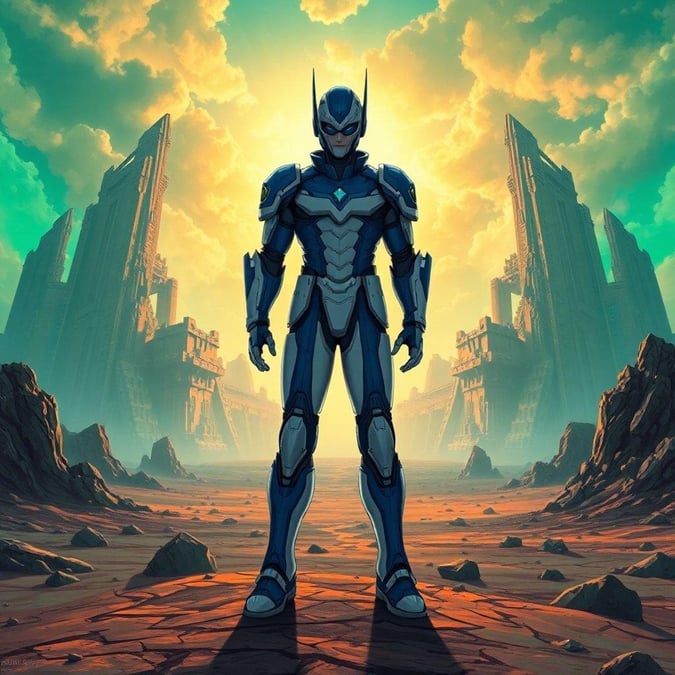 In a world where futuristic guardians stand tall against the testament of time, this digital illustration captures a moment frozen in the past. The detailed blue and white armor gleams under the green and orange hues that dominate the landscape, hinting at a distant era yet to be reached.