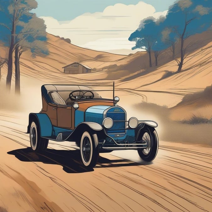 Embark on a journey in this classic convertible, driving down an old dirt road, evoking the spirit of adventure and freedom from yesteryears.