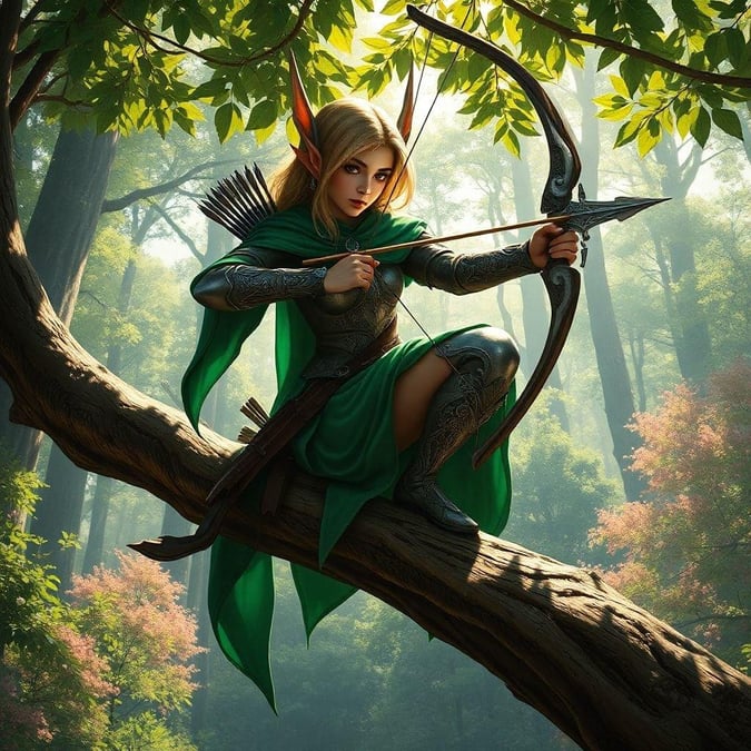 An elfin archer with her bow, standing in a verdant forest. The image evokes a sense of mystery and readiness to face adventure.