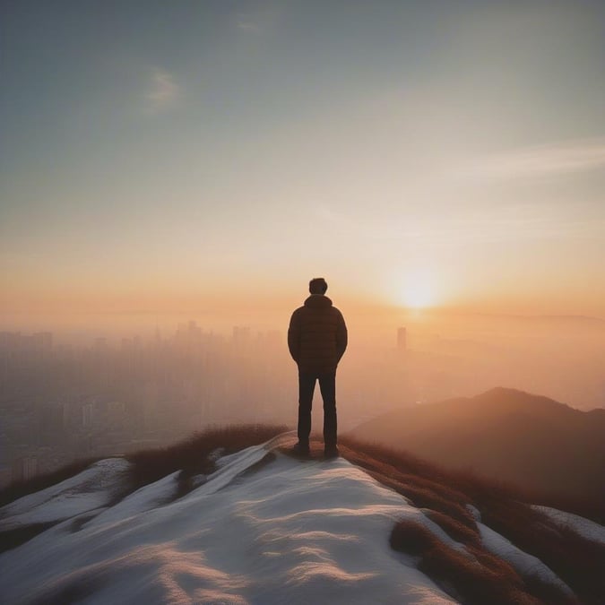 Ring in the new year with this stunning wallpaper featuring a man standing on a snowy hill overlooking a city skyline at sunset. The perfect way to start the new year with a sense of adventure and possibility.