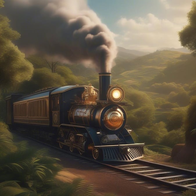 Step back in time with this vintage-style illustration of a steam locomotive chugging along a scenic route. The locomotive's black and gold color scheme is reminiscent of a bygone era, while the lush green landscape and blue sky evoke a sense of adventure and exploration. Whether you're a train enthusiast or just looking for a unique wallpaper, this image is sure to delight.