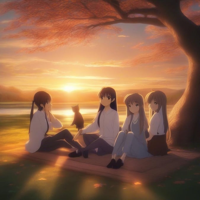 This anime-style wallpaper captures the serene beauty of a sunset, featuring four young women and a cat enjoying the view. The image is a perfect blend of nature and anime art, making it a unique and captivating desktop or mobile wallpaper.