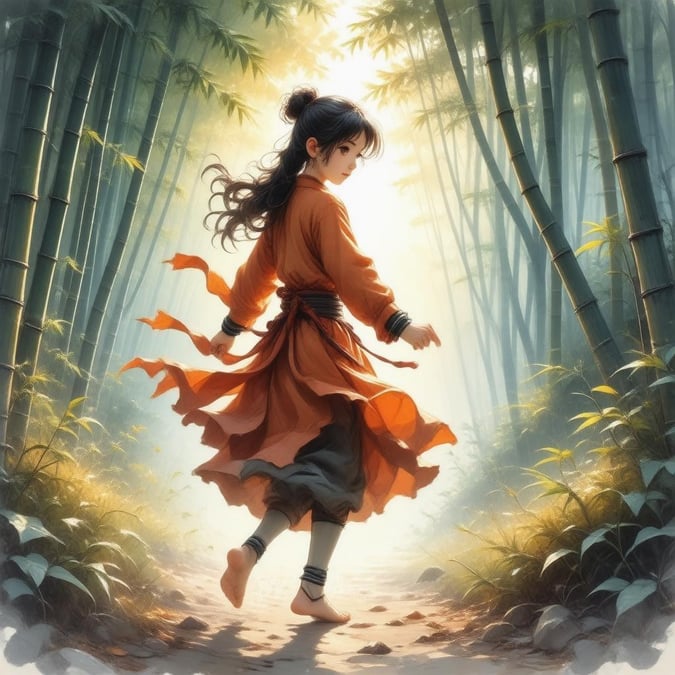 A captivating anime illustration of a young ninja girl navigating through a serene bamboo forest at dawn, with vibrant colors and a sense of motion.