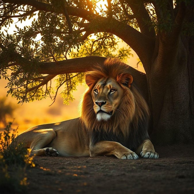 This image captures the serene beauty of a lion resting under a tree, embodying the essence of inspirational and wellness. The majestic creature's calm demeanor and the peaceful surroundings evoke a sense of tranquility and harmony with nature.