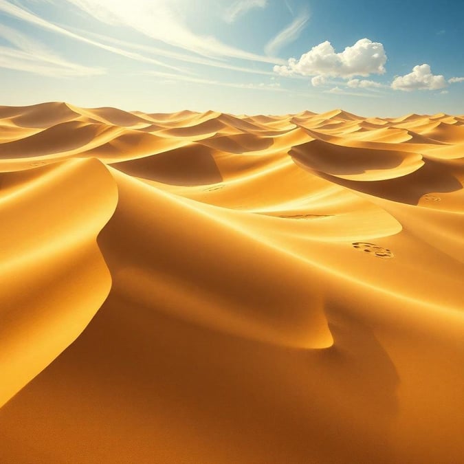 The golden sands of the desert at sunrise, with soft clouds painting the sky. A peaceful scene in nature.