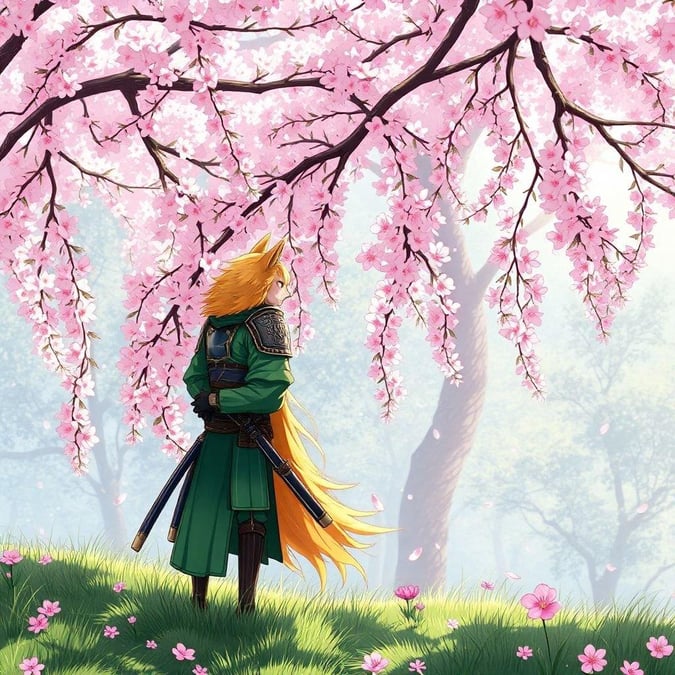 This anime-style illustration features a samurai standing at the edge of a cherry blossom forest, surrounded by vibrant green and yellow fur that contrasts beautifully with the pink blossoms. The peaceful scene exudes tranquility and calmness, making it a perfect wallpaper for desktop and mobile use.