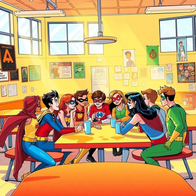 Superhero friends gather in the lunchroom, sharing laughter and adventures.