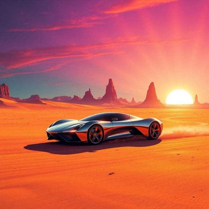 Experience the thrill of driving a futuristic, high-speed car on an otherworldly desert landscape. Watch as the sun sets and the stars come out in this fantastical scene.