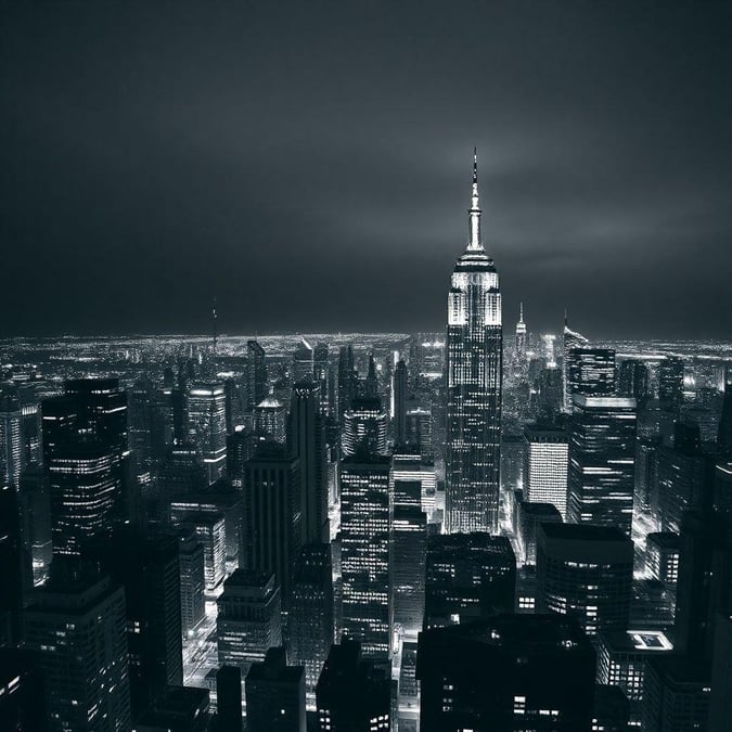 The iconic black and white New York City skyline at night, featuring the Empire State Building. A stunning view captured in monochrome.