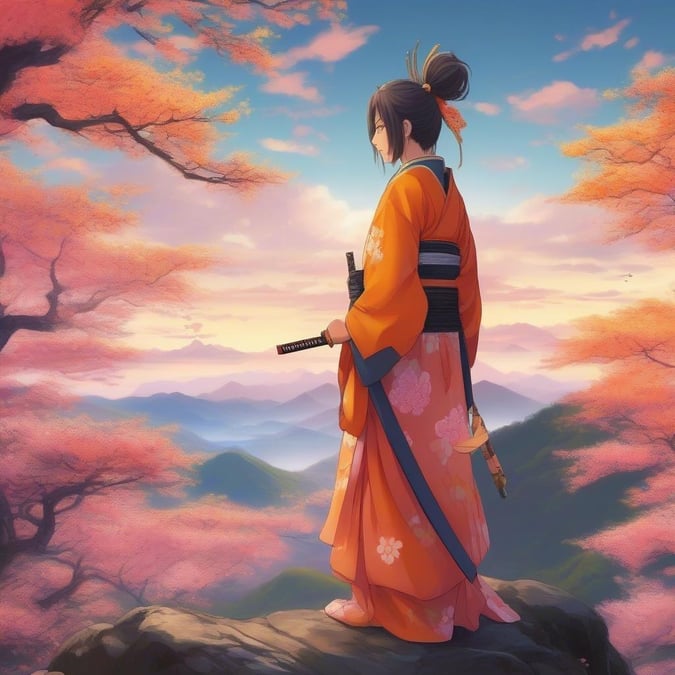 I denna lugna scen står en ung samurai i traditionell orange rustning på en bergstopp, hennes blick förlorad i de livfulla rosa blommorna som målar landskapet. Det mjuka morgonljuset kontrasterar med samurajens robusta närvaro och skapar en harmonisk balans mellan natur och mänsklig anda.