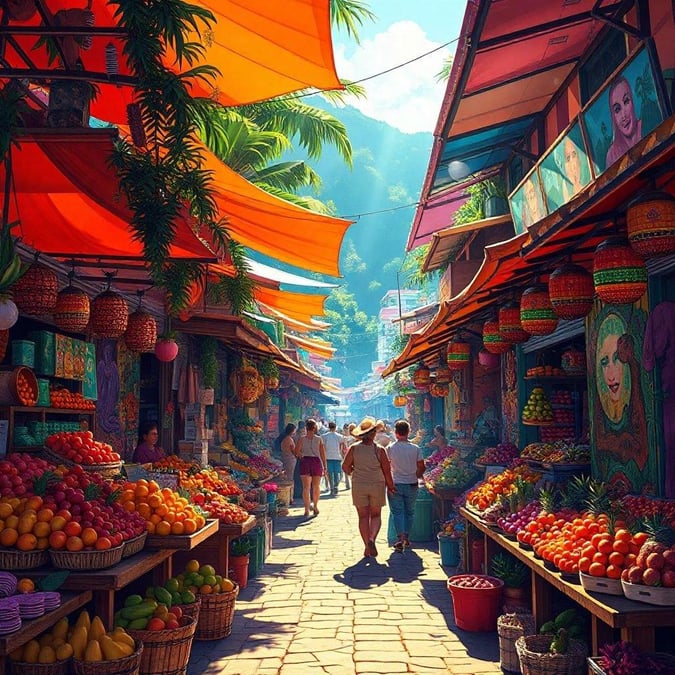 Stroll through a colorful outdoor market bustling with life, set against a backdrop of tropical beauty. A local's haven, this market is brimming with vivid fruits and fresh produce, bringing the spirit of adventure and discovery to your desktop wallpaper.