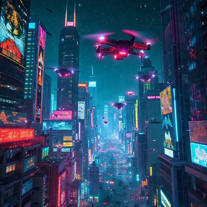 A vibrant cyberpunk city skyline with futuristic flying vehicles navigating overhead, a captivating image for a desktop or mobile wallpaper.