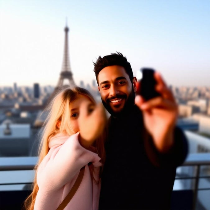 A father shares a beautiful moment with his daughter, capturing the iconic Eiffel Tower on their phone. A perfect wallpaper to celebrate Father's Day or capture memories from family trips.