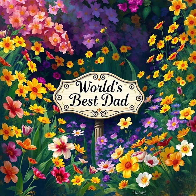 A vibrant floral wallpaper celebrating dads with a sign that says 'World's Best Dad'. Perfect for Father's Day on desktops and mobile devices.