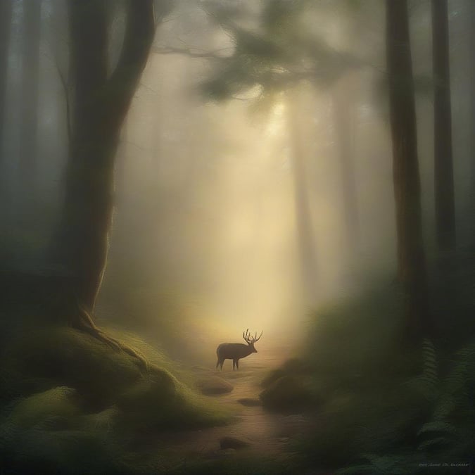 A serene and peaceful scene of a deer in the forest during sunrise.