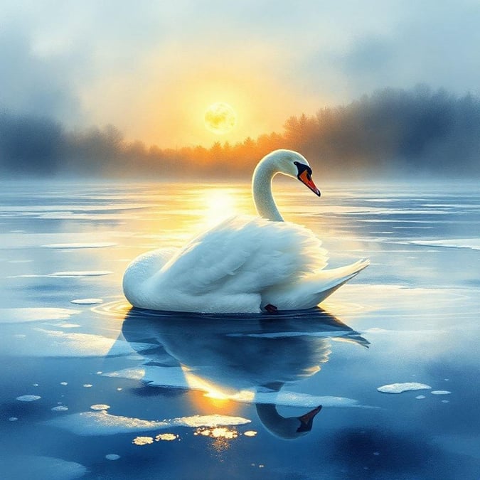 A tranquil winter scene with the sun dipping low on the horizon, casting a warm glow over a swan gracefully floating on an icy pond. The backdrop of trees and mist adds to the atmosphere of the festive winter season.