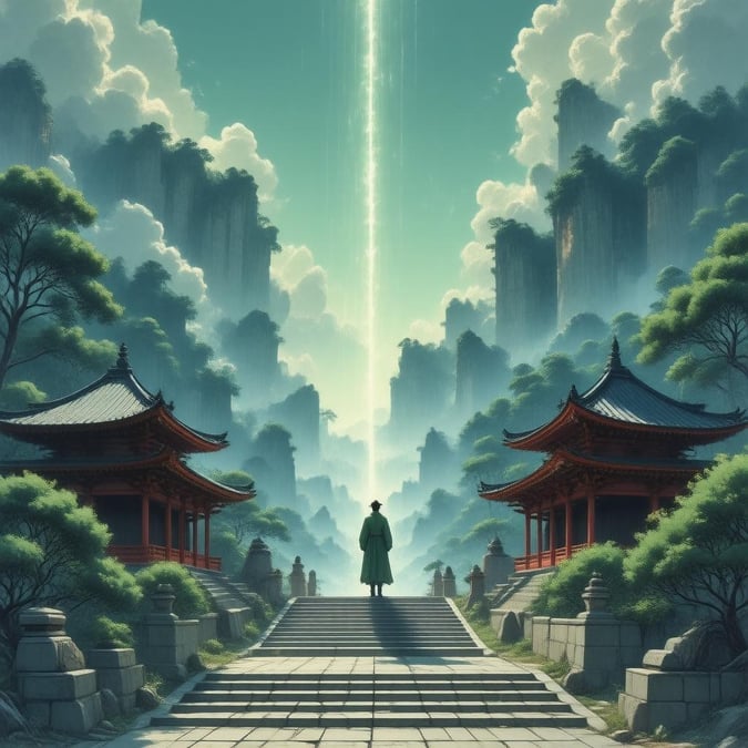 This anime-style illustration features a solitary figure descending from the sky, standing amidst ancient Japanese temples. The intricate details of the temple's architecture and the descending figure create an Anime-like effect.