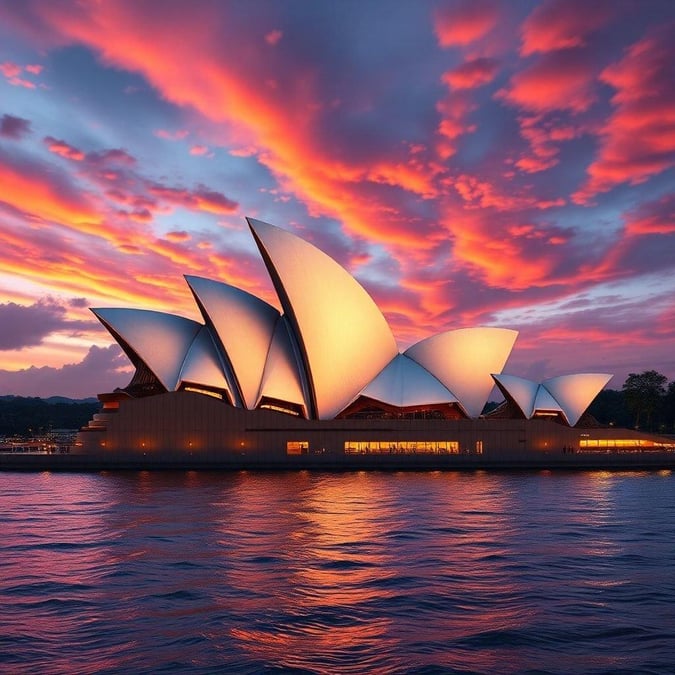 Enjoy the iconic Sydney Opera House bathed in the warm hues of a sunset, reflecting on the harbor water. The perfect wallpaper for your desktop or mobile devices.