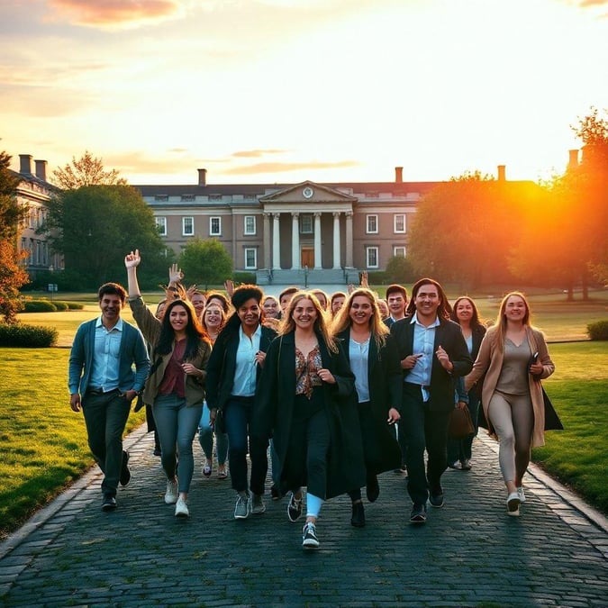 A group of happy students walking towards the camera, with the sun shining brightly behind them, symbolizing the joy and accomplishment of graduation day.