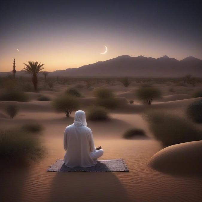 A serene scene capturing a moment of prayer in the vast expanse of the desert during Ramadan.