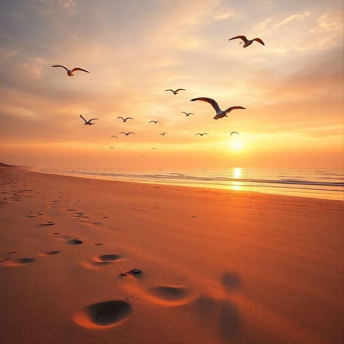 Calm evening on the beach with birds taking flight at sunset. A serene and picturesque scene.