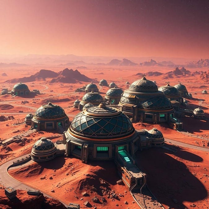 Welcome to a distant outpost in the cosmos, where humanity has claimed a new home. Amidst the vast expanse of the Martian desert, these domed structures are more than just buildings; they're symbols of our relentless pursuit to explore and inhabit the universe.