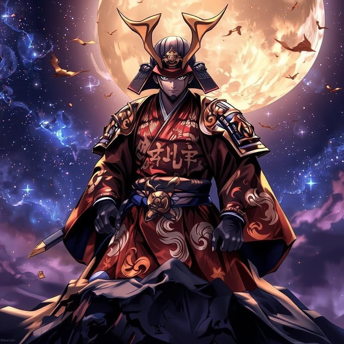 Experience the serene beauty of an anime samurai standing watch under the starry night sky. Clad in detailed armor, this warrior embodies the mystique and majesty of ancient Japanese culture.