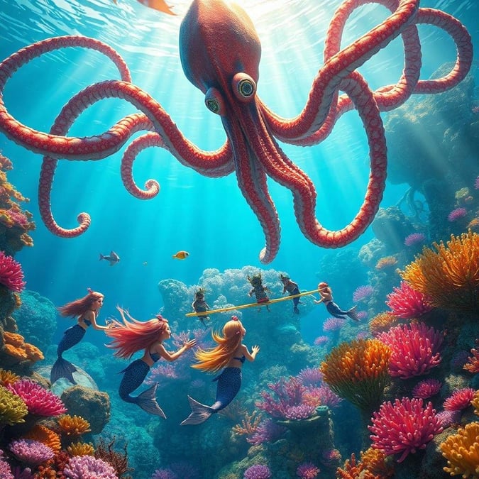 In this enchanting ocean scene, mermaids frolic with a giant octopus amidst a vibrant coral reef. The deep-sea adventure is as fantastical as it is captivating.