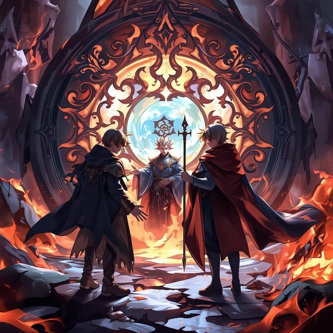 Immerse yourself in the captivating world of anime with this stunning portal scene. Two figures stand at the threshold, surrounded by an ethereal glow that adds a touch of magic to the atmosphere. The intricate details and warm lighting create a sense of wonder and mystery, making this image perfect for fans of fantasy and adventure.