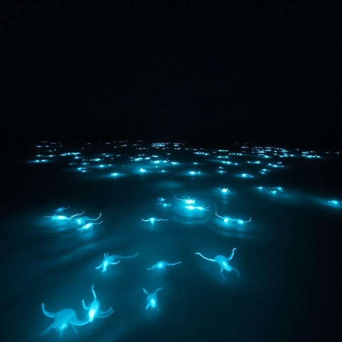 A captivating view from the deep, with countless bioluminescent creatures illuminating the ocean's surface and a faint glow of distant city lights above.