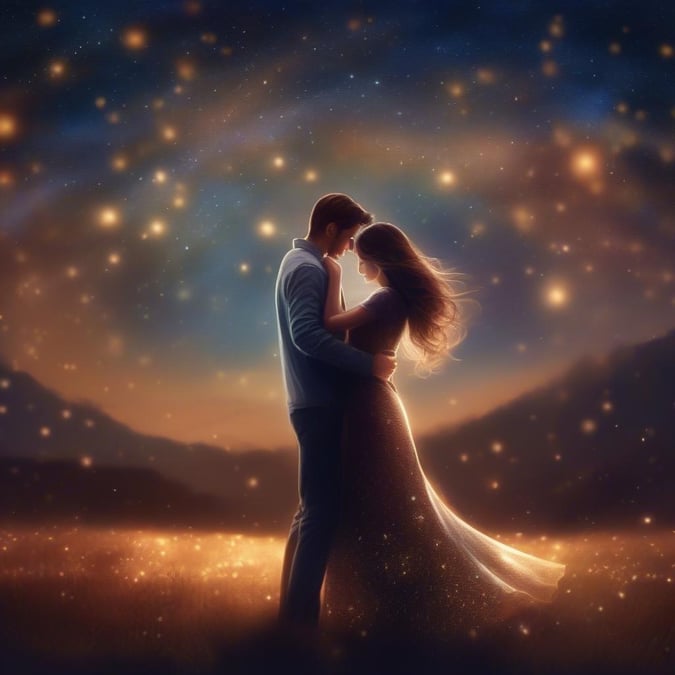 This beautiful wallpaper captures a romantic moment between a couple embracing under the starry night sky, perfect for desktop and mobile use on Valentine's Day.