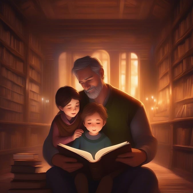 A heartwarming scene from Father's Day, where a father and his children share the magic of reading together in an old library. The soft glow of candlelight adds to the cozy atmosphere, making it the perfect image for a special day dedicated to dad.