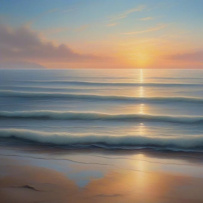 The golden glow of the sun dipping below the horizon, with gentle waves lapping at the shore. A serene end to the day.